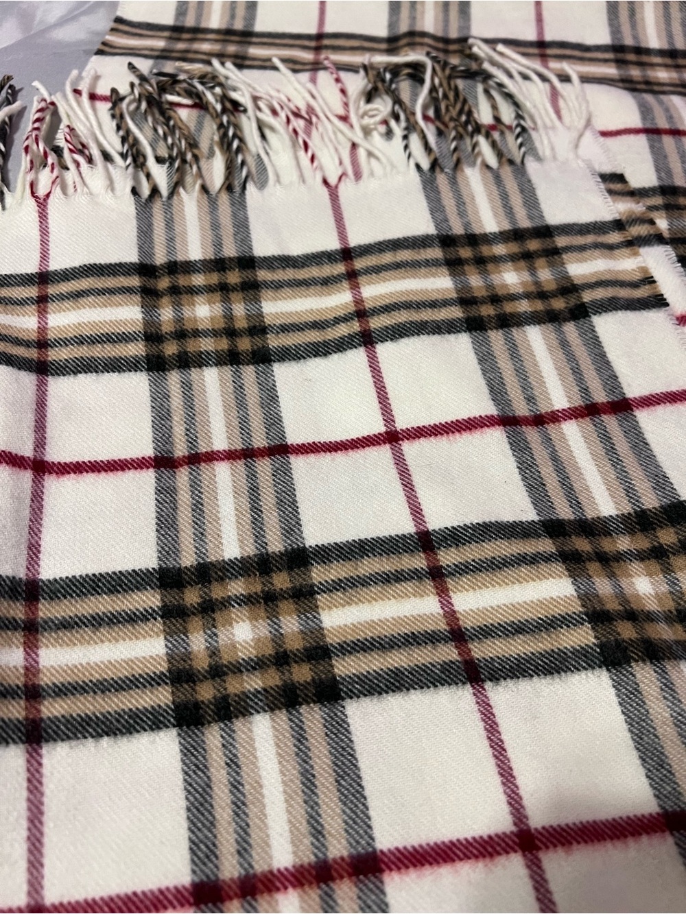 NWT V Fraas Plaid Fringe Scarf Cream Tan Black Red 70” Germany